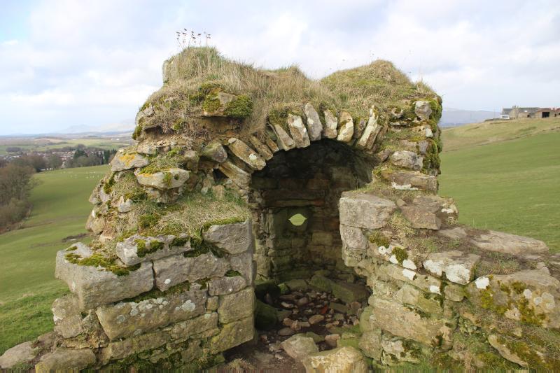 Killernie Castle, view of the north-west tower showing barrel vaulting and gun loop looking northwest during daytime, blue sky and cloud. 