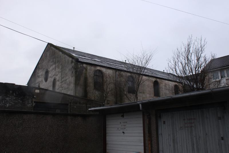 Former Langside Synagogue, southwest elevation, looking north, during daytime, on overcast day.