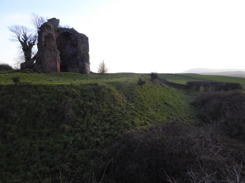 Torthorwald Castle, looking south over the remains of the motte during daylight on a cloudy day