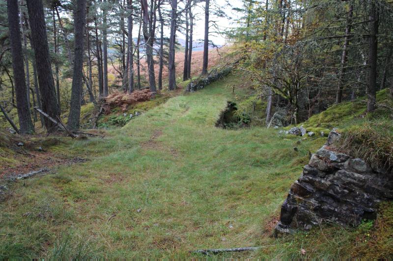 View of Bridge in Clunes Wood carrying former military road over Allt a' Chrombaidh looking west within woodland. 