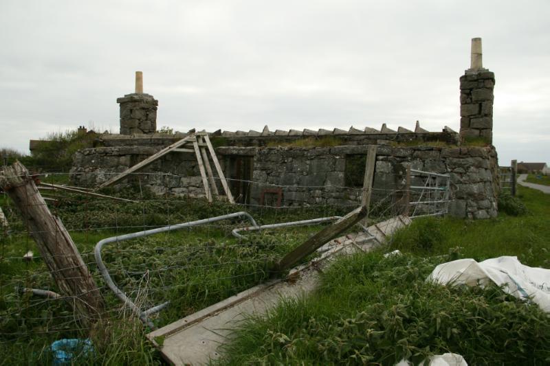 Fasgadh, North Smerclate Cottage, principal east elevation, looking southwest, during daytime, on overcast day. 