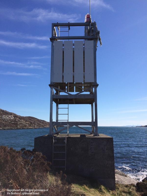 Gasay Lighthouse, South Uist, a solar-powered minor light. Photograph taken on a clear day.  