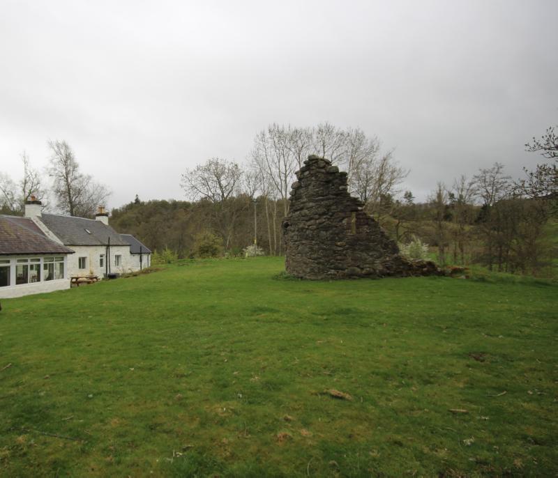 View of the remains of Trochrie Castle looking southwest on an overcast day.