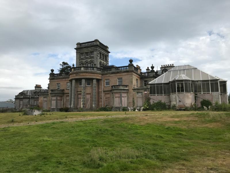 Letham Grange House, rear elevation, looking northeast, during daytime on overcast day with grass in foreground.
