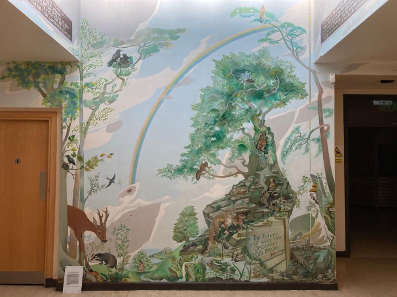 Scottish Wildlife Mural, interior view of foyer of Palacerigg Visitor Centre. View from entrance door looking northwest. During daytime