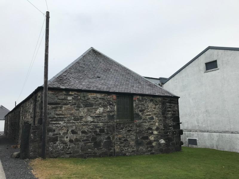 Ardbeg Distillery, old post office, former workers’ cottages, warehouse number two, old warehouse, Sea View and Excise House, viewed from southeast, east gable and front elevation of warehouse number two. 