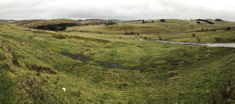 Stobs Camp, view from the YMCA building at the northwest of the camp, looking southeast over the internment and prisoner of war camp towards the officer and administration area, on a grey cloudy day.