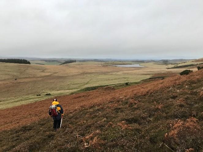 Stobs Camp rifle ranges, 650m W, 330m WNW and 450m SSE of White Knowe, looking northeast towards the targeting positions and firing positions of the Barnes Moss ranges, on a cloudy day.