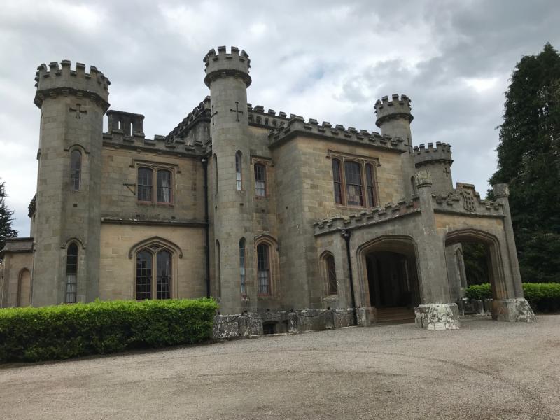 Leys Castle, principal elevation, looking north, during daytime on an overcast day. 