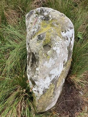 Buck Stone, standing stone 470m NNE of Hermitage Farm Cottage, close in, oblique view during daytime, on an overcast day with a cloudy sky
