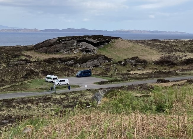 Rock shelter and prehistoric occupation site, 500m NNW of Meallabhan looking west northwest during daytime, on clear day with blue sky.  