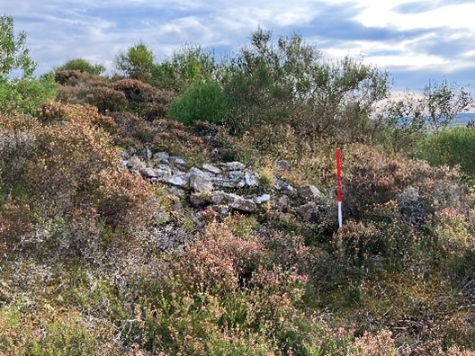 Creag an Fhithich, wall looking west during daytime, on a clear day with blue sky and white clouds, centre of image with 1m ranging rod for scale. 