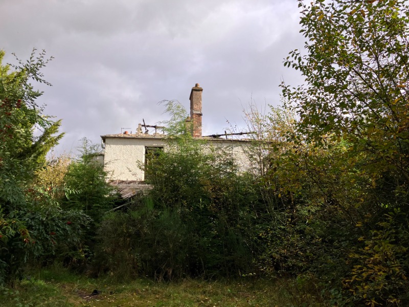 Former Rescobie Hotel, principal (west) elevation, looking east, with extensive vegetation growth around building, during daytime, on cloudy day with intermittent blue sky. 